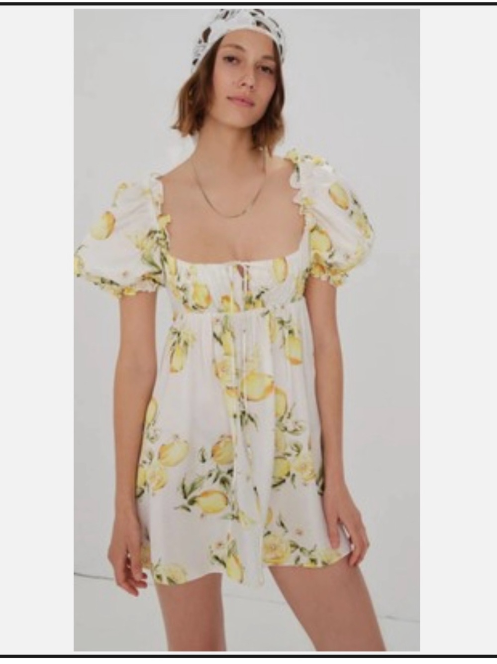 For Love & Lemons White Lemon-Print Puff Sleeve Mini Dress
